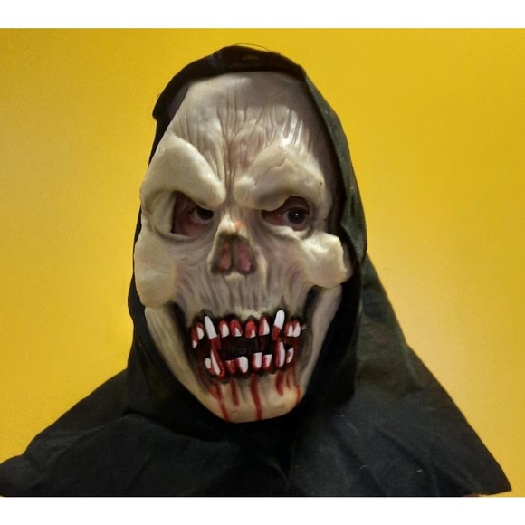 Vtg 90's GLOWS IN DARK Bony face bloody fang teeth hooded mask - Picture 1 of 3